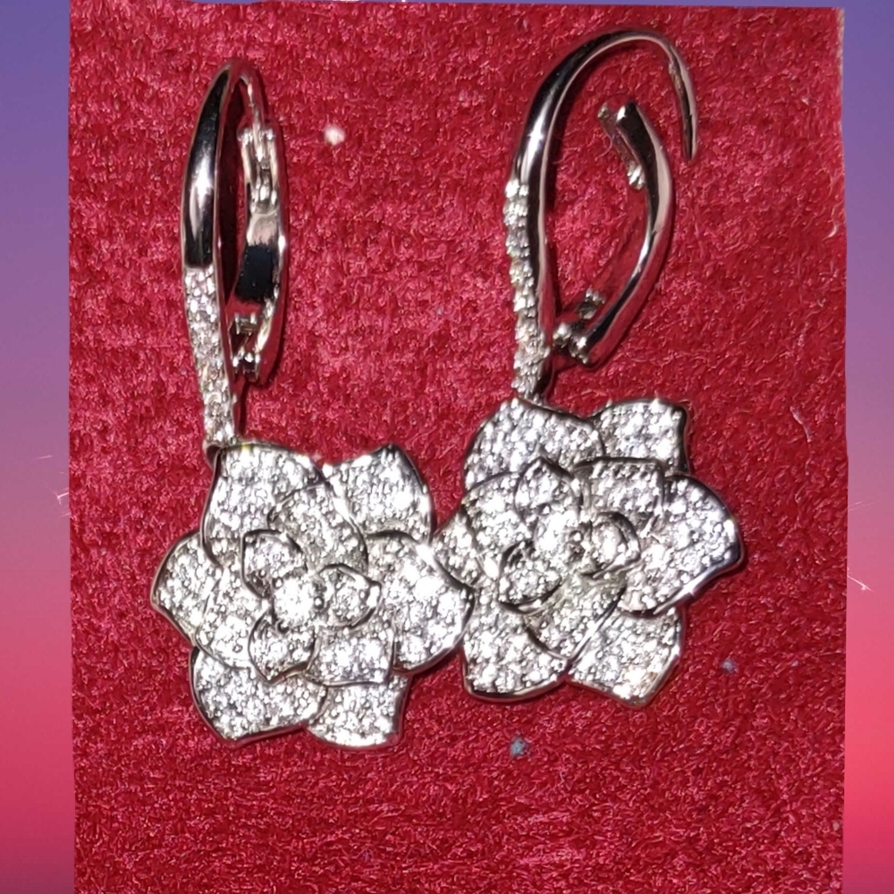 Rose Flower White CZ Pierced Earrings New